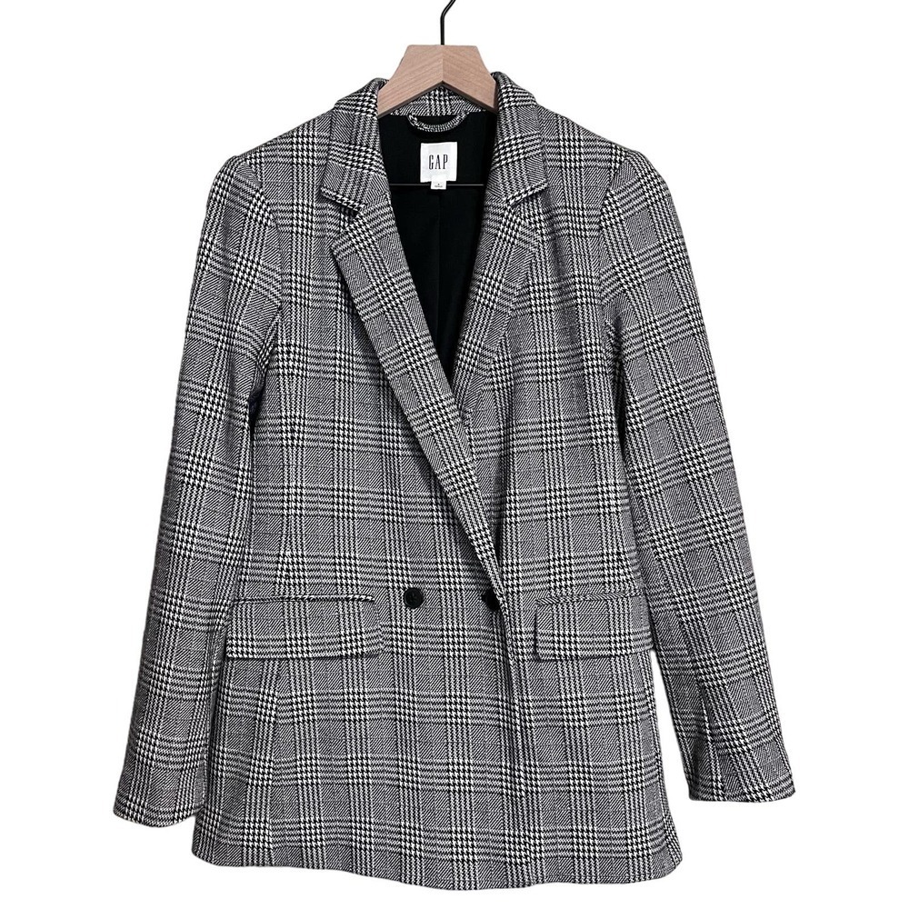 GAP Black & White Houndstooth Plaid Classic Girlfriend Grid Blazer Sz 6 Longline